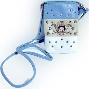 Betty Boop Purse Cross Body Bag Handbag Metal Emblem, Rhinestone Studs 7” x 5”